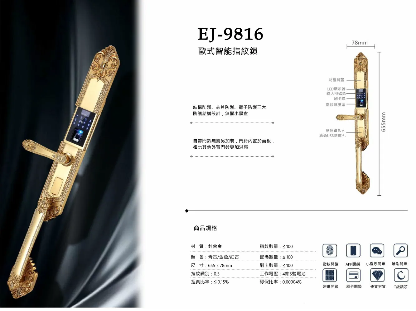 Cyez 9816 01 智能指紋鎖系列|C17EZ9816